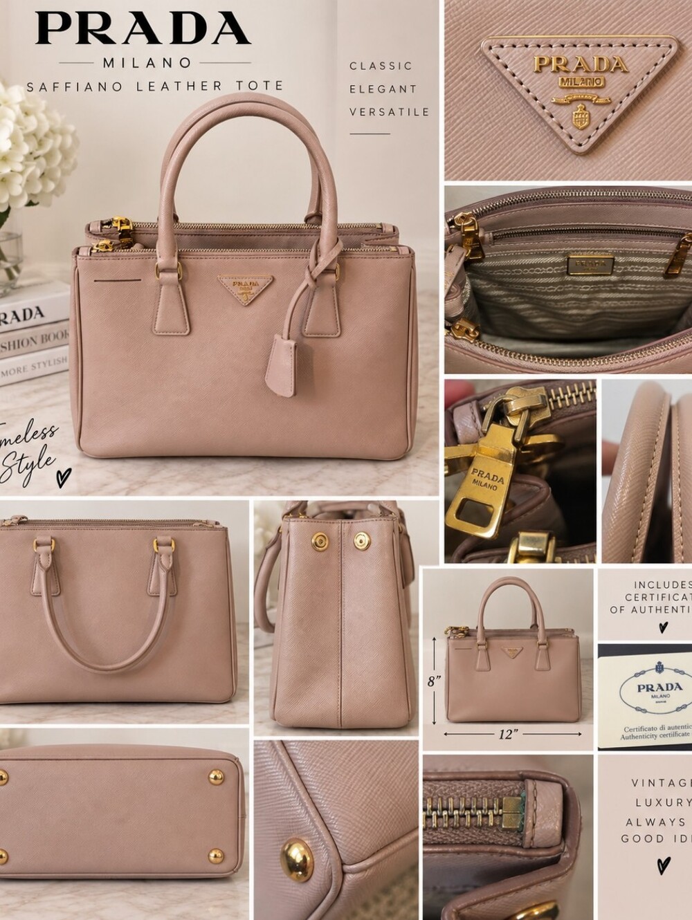 Prada Saffiano Leather Double Zip Tote – Blush Pink – Original Strap + COA